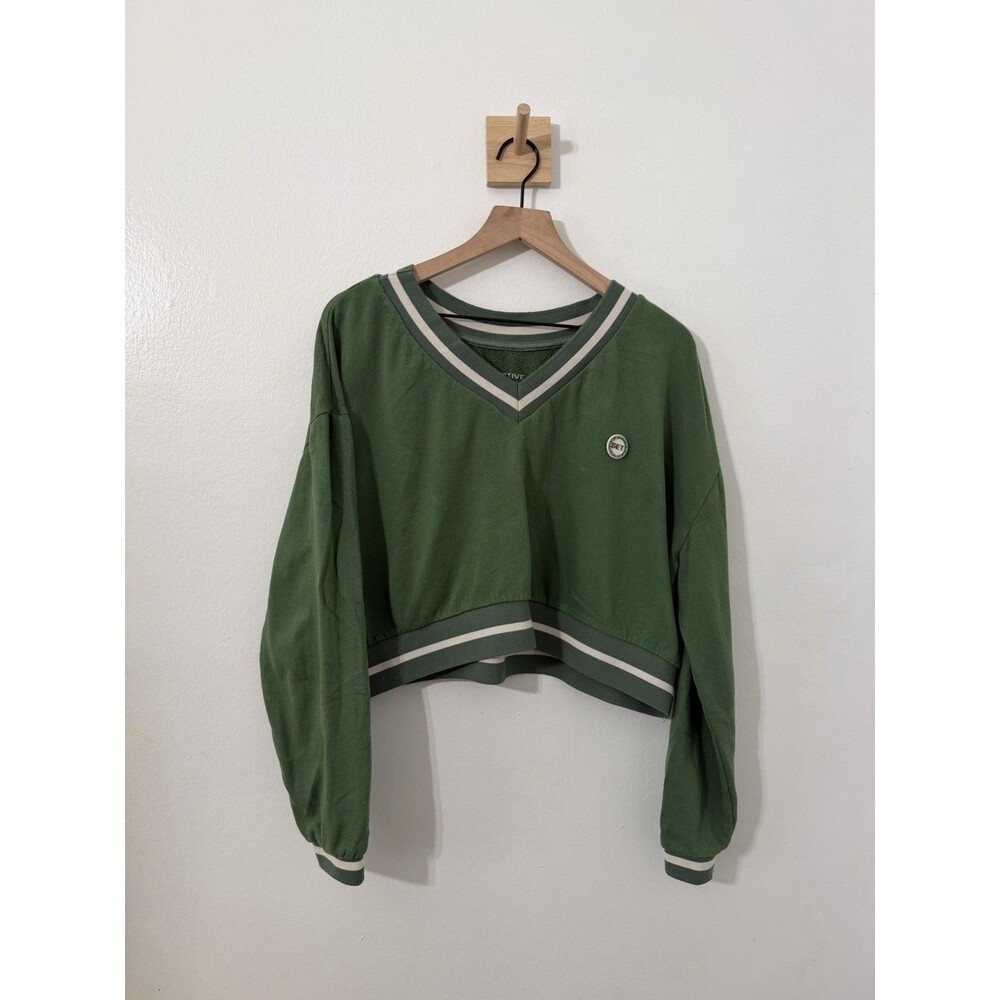 SET Active Varsity Striped Cropped V-neck Sweatshirt Court Green Sporty Small